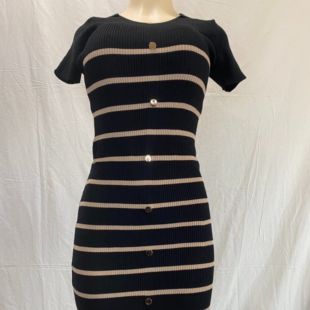 Nali Collection Black & Beige Striped Ribbed Midi Dress